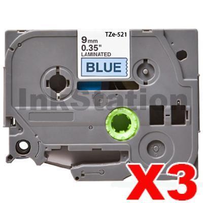 3 x Brother TZe-521 Compatible 9mm Black Text on Blue Laminated Tape - 8 meters