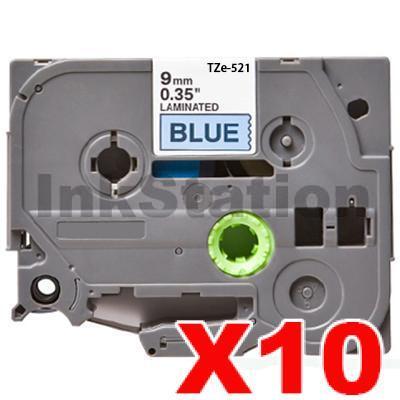 10 x Brother TZe-521 Compatible 9mm Black Text on Blue Laminated Tape - 8 meters