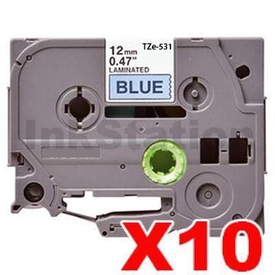 10 x Brother TZe-531 Compatible 12mm Black Text on Blue Laminated Tape - 8 meters