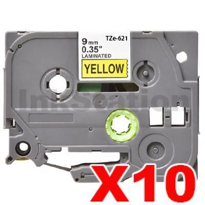 10 x Brother TZe-621 Compatible 9mm Black Text on Yellow Laminated Tape - 8 meters