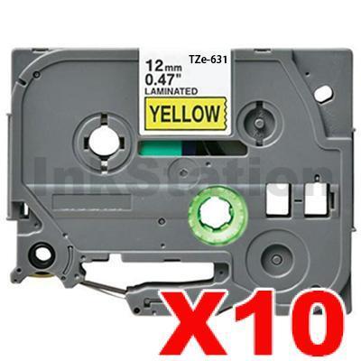 10 x Brother TZe-631 Compatible 12mm Black Text on Yellow Laminated Tape - 8 meters