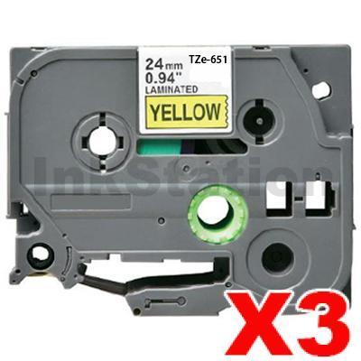 3 x Brother TZe-651 Compatible 24mm Black Text on Yellow Laminated Tape - 8 meters