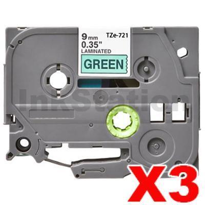 3 x Brother TZe-721 Compatible 9mm Black Text on Green Laminated Tape - 8 meters
