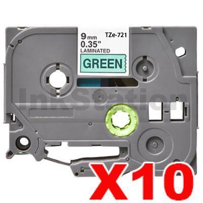 10 x Brother TZe-721 Compatible 9mm Black Text on Green Laminated Tape - 8 meters