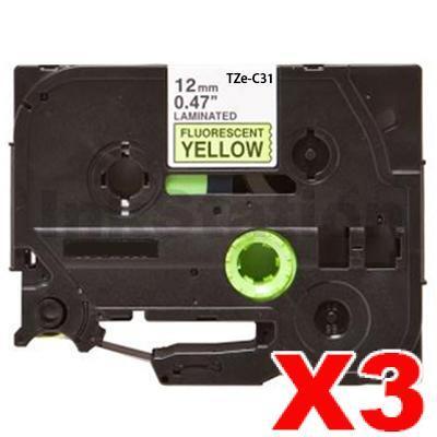 3 x Brother TZe-C31 Compatible 12mm Black Text on Yellow Fluorescent Laminated Tape - 5 meters
