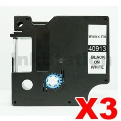 3 x Dymo SD40913 / S0720680 Compatible 9mm Black Text on White Label Cassette - 7 meters