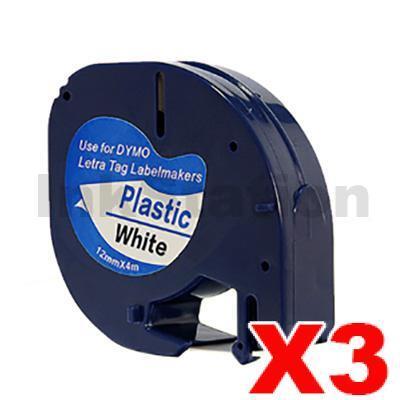 3 x Dymo SD91201 / 91331 Compatible 12mm x 4m Black on White LetraTag Label Plastic Tape