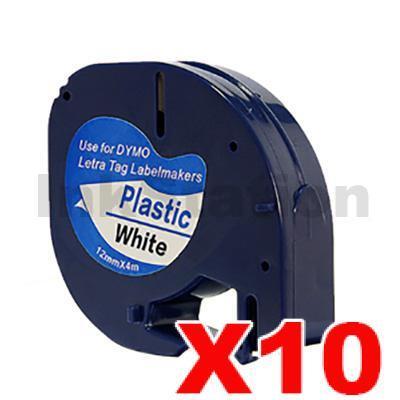 10 x Dymo SD91201 / 91331 Compatible 12mm x 4m Black on White LetraTag Label Plastic Tape