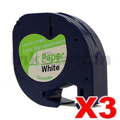 3 x Dymo SD91200 Compatible 12mm x 4m Black on White LetraTag Label Paper Tape