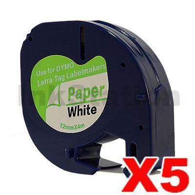 5 x Dymo SD91200 Compatible 12mm x 4m Black on White LetraTag Label Paper Tape