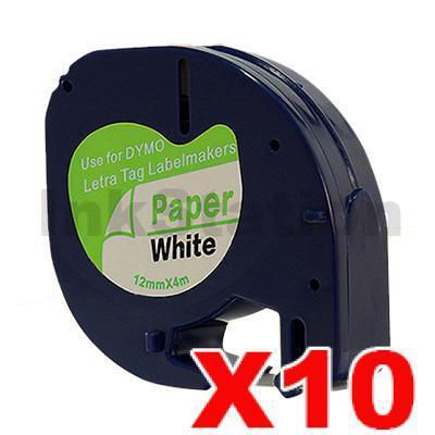 10 x Dymo SD91200 Compatible 12mm x 4m Black on White LetraTag Label Paper Tape