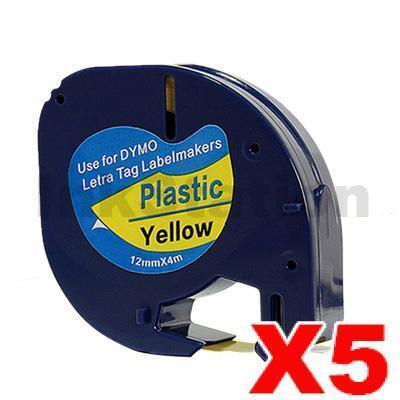 5 x Dymo SD91202 / 91332 Compatible 12mm x 4m Black On Yellow LetraTag Plastic Tape