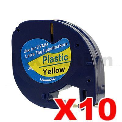 10 x Dymo SD91202 / 91332 Compatible 12mm x 4m Black On Yellow LetraTag Plastic Tape