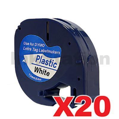 20 x Dymo SD91201 / 91331 Compatible 12mm x 4m Black on White LetraTag Label Plastic Tape