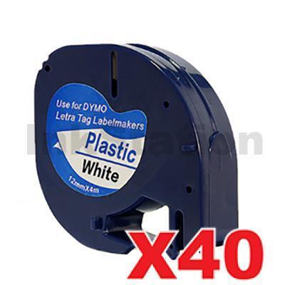 40 x Dymo SD91201 / 91331 Compatible 12mm x 4m Black on White LetraTag Label Plastic Tape