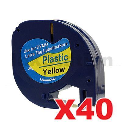 40 x Dymo SD91202 / 91332 Compatible 12mm x 4m Black On Yellow LetraTag Plastic Tape
