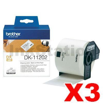 3 x Brother DK-11202 Genuine Black Text on White Die-Cut Paper Label Roll 62mm x 100mm - 300 labels per roll