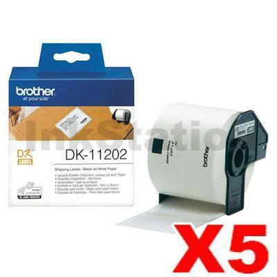 5 x Brother DK-11202 Genuine Black Text on White Die-Cut Paper Label Roll 62mm x 100mm - 300 labels per roll