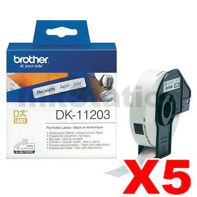 5 x Brother DK-11203 Genuine Black Text on White Die-Cut Paper Label Roll 17mm x 87mm - 300 labels per roll