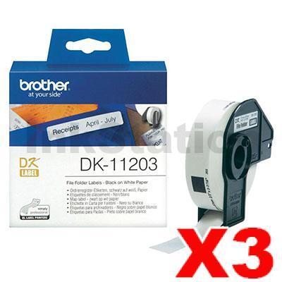 3 x Brother DK-11203 Genuine Black Text on White Die-Cut Paper Label Roll 17mm x 87mm - 300 labels per roll
