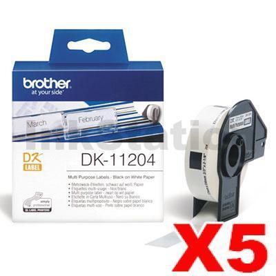 5 x Brother DK-11204 Genuine Black Text on White Die-Cut Paper Label Roll 17mm x 54mm - 400 labels per roll
