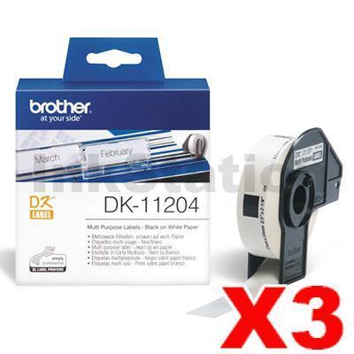 3 x Brother DK-11204 Genuine Black Text on White Die-Cut Paper Label Roll 17mm x 54mm - 400 labels per roll