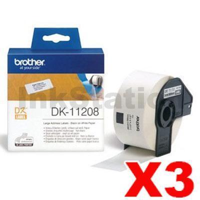 3 x Brother DK-11208 Genuine Black Text on White Die-Cut Paper Label Roll 38mm x 90mm  - 400 labels per roll