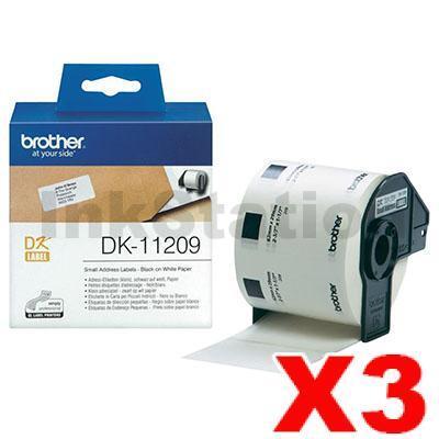 3 x Brother DK-11209 Genuine Black Text on White Die-Cut Paper Label Roll 29mm x 62mm - 800 labels per roll