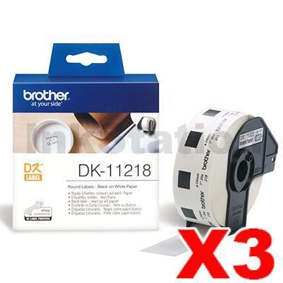 3 x Brother DK-11218 Genuine Black Text on White 24mm Diameter Die-Cut Paper Label Roll - 1000 labels per roll