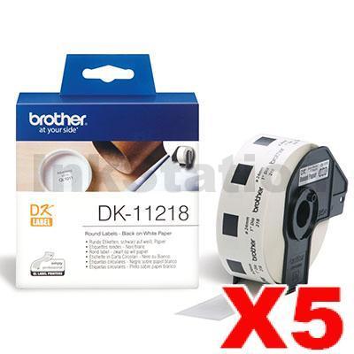 5 x Brother DK-11218 Genuine Black Text on White 24mm Diameter Die-Cut Paper Label Roll - 1000 labels per roll