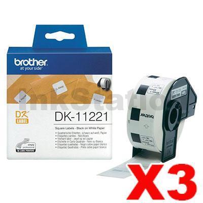 3 x Brother DK-11221 Genuine Black Text on White 23mm x 23mm Die-Cut Paper Label Roll - 1000 labels per roll