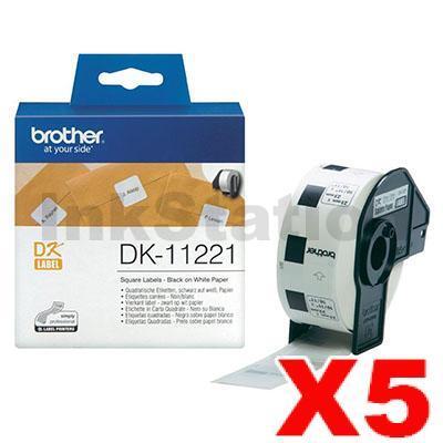 5 x Brother DK-11221 Genuine Black Text on White 23mm x 23mm Die-Cut Paper Label Roll - 1000 labels per roll