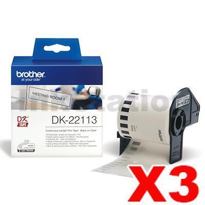 3 x Brother DK-22113 Genuine Black Text on Clear Continuous Film Label Roll 62mm x 15.24m
