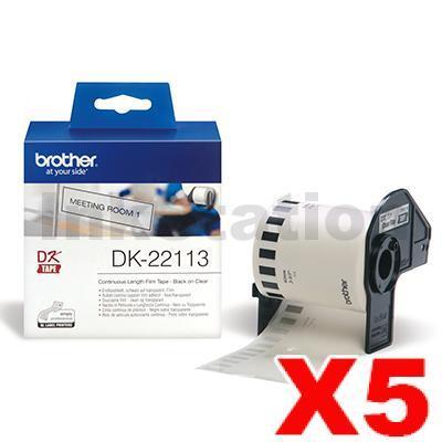 5 x Brother DK-22113 Genuine Black Text on Clear Continuous Film Label Roll 62mm x 15.24m