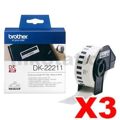 3 x Brother DK-22211 Genuine Black Text on White Continuous Film Label Roll 29mm x 15.24m