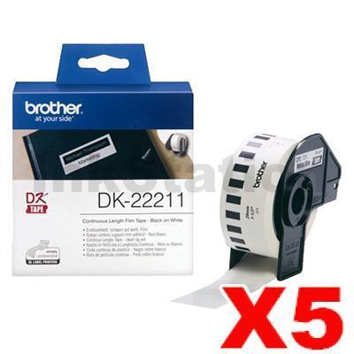 5 x Brother DK-22211 Genuine Black Text on White Continuous Film Label Roll 29mm x 15.24m