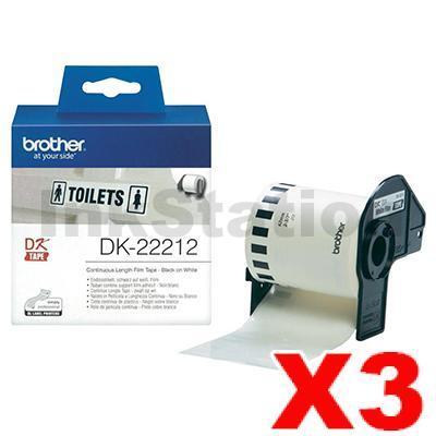 3 x Brother DK-22212 Genuine Black Text on White Continuous Film Label Roll 62mm x 15.24m