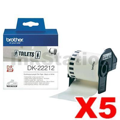 5 x Brother DK-22212 Genuine Black Text on White Continuous Film Label Roll 62mm x 15.24m