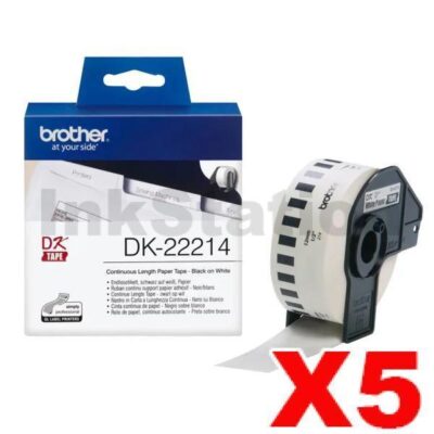 5 x Brother DK-22214 Genuine Black Text on White Continuous Paper Label Roll 12mm x 30.48m