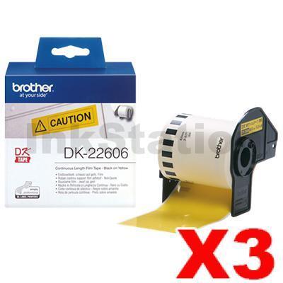 3 x Brother DK-22606 Genuine Black Text on Yellow Continuous Film Label Roll 62mm x 15.24m