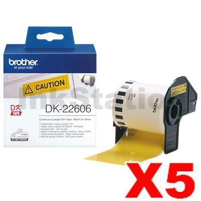 5 x Brother DK-22606 Genuine Black Text on Yellow Continuous Film Label Roll 62mm x 15.24m