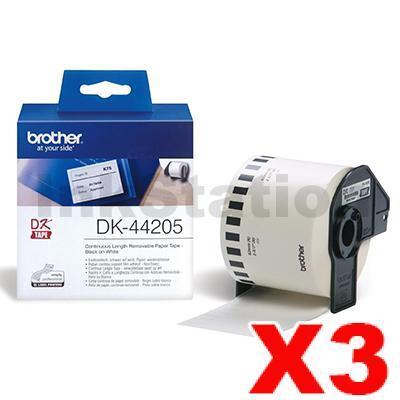 3 x Brother DK-44205 Genuine Removable Black Text on White Continuous Paper Label Roll 62mm x 30.48m