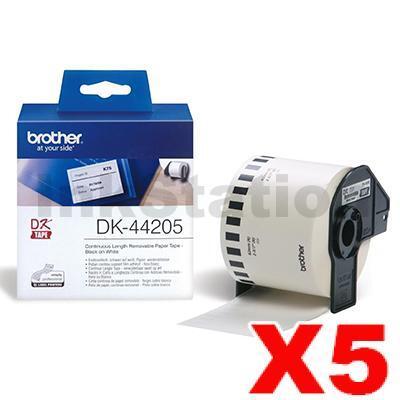 5 x Brother DK-44205 Genuine Removable Black Text on White Continuous Paper Label Roll 62mm x 30.48m