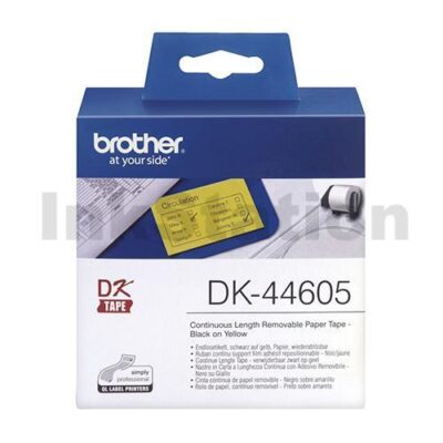 Brother DK-44605 Genuine Removable Black Text on Yellow Continuous Paper Label Roll 62mm x 30.48m