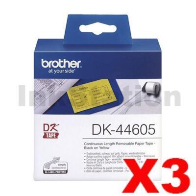 3 x Brother DK-44605 Genuine Removable Black Text on Yellow Continuous Paper Label Roll 62mm x 30.48m