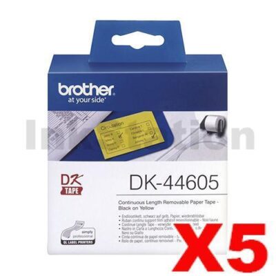 5 x Brother DK-44605 Genuine Removable Black Text on Yellow Continuous Paper Label Roll 62mm x 30.48m