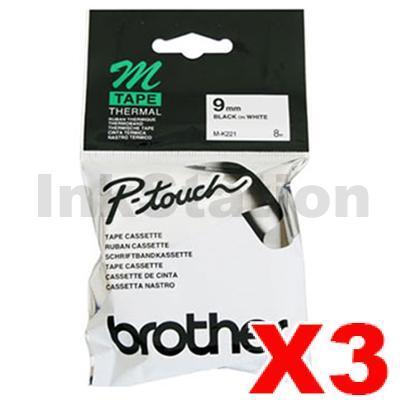 3 x Brother M-K221 Genuine 9mm Black Text on White Tape - 8 meters