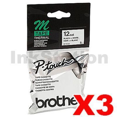 3 x Brother M-K231 Genuine 12mm Black Text on White Tape - 8 meters