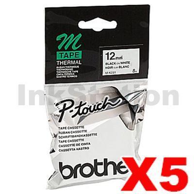 5 x Brother M-K231 Genuine 12mm Black Text on White Tape - 8 meters