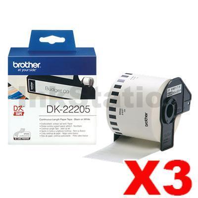 3 x Brother DK-22205 Genuine Black Text on White Continuous Paper Label Roll 62mm x 30.48m